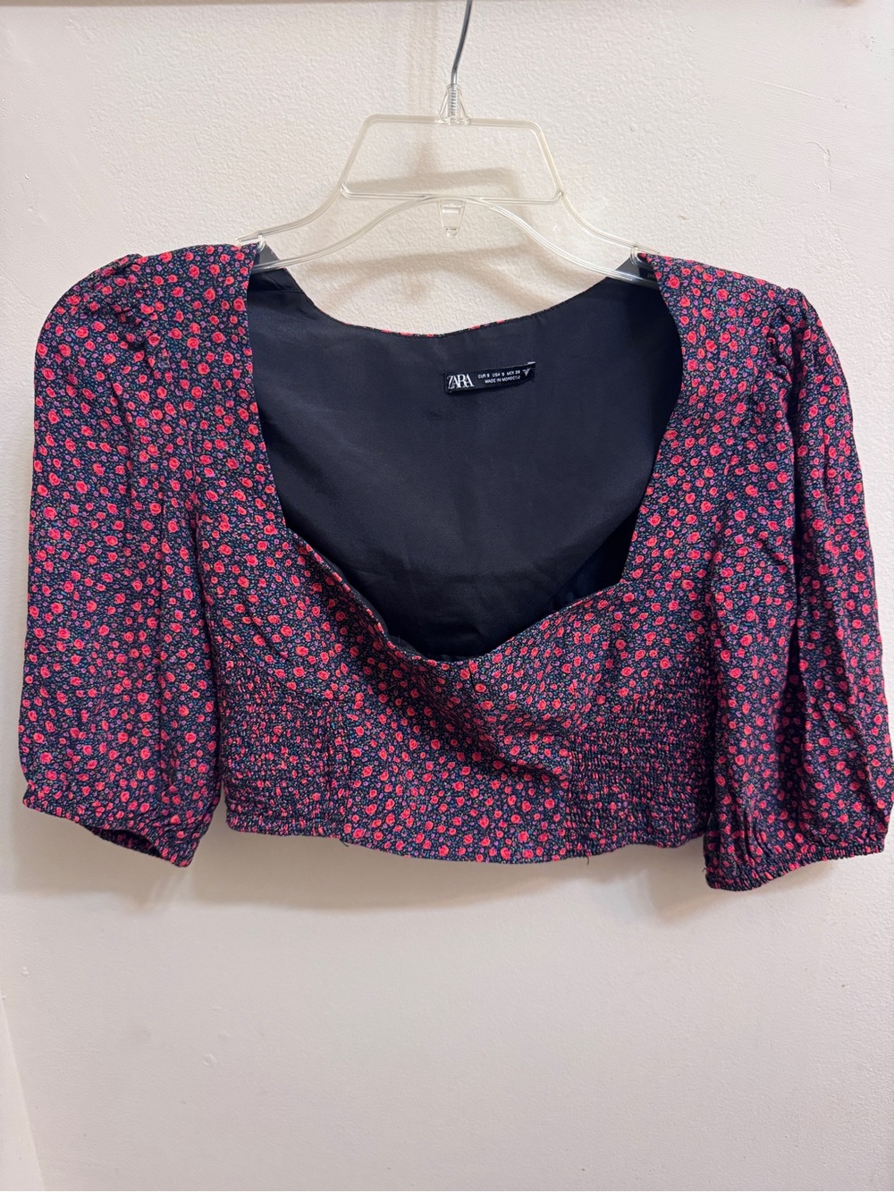 Zara Black Crop Top with Pink Floral Print and Puff Sleeves